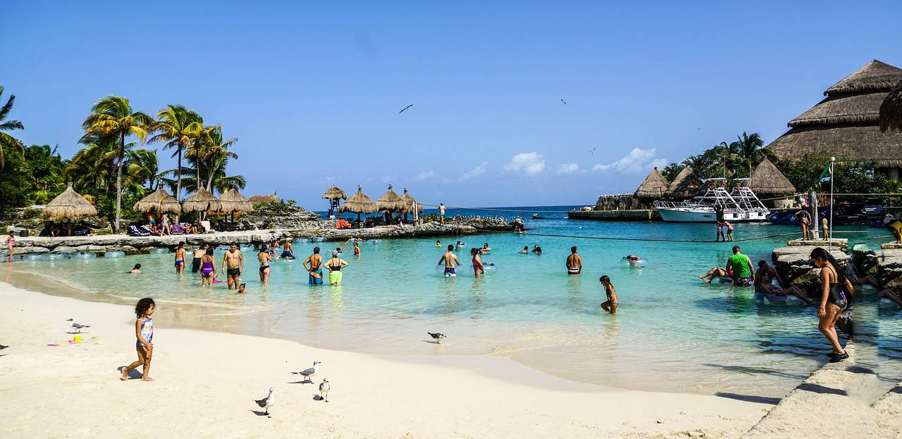A beach with a lot of people and birds.