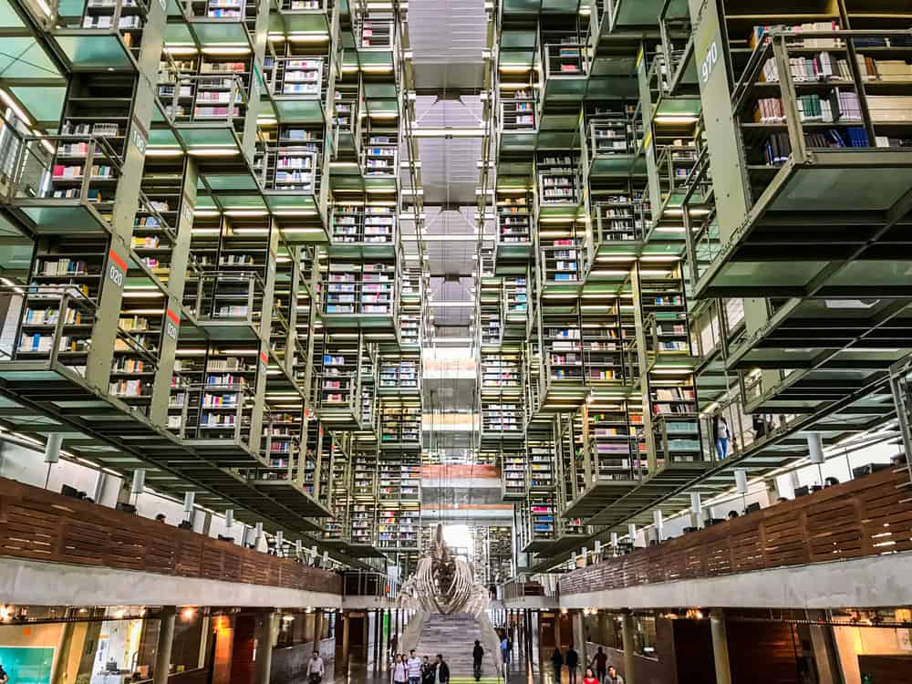 Exploring the Jose Vasconcelos Library in Oaxaca with numerous books.