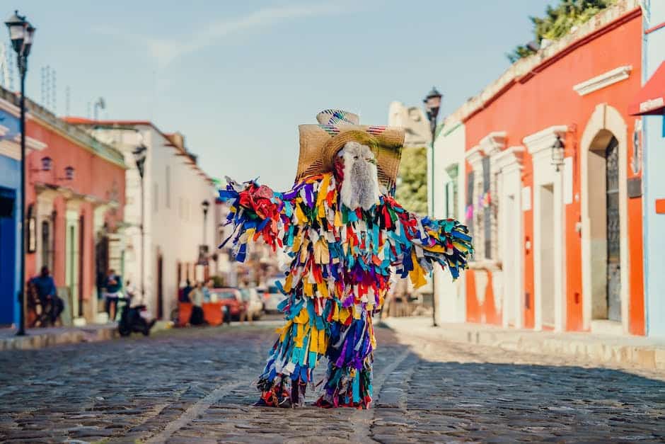 A man in a colorful costume walking down a cobblestone street.