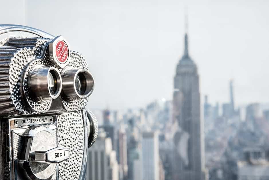 A pair of binoculars with a view of new york city.