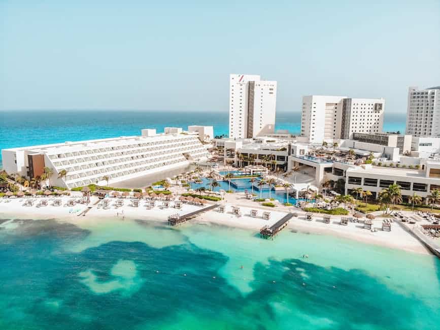 An aerial view of a resort in cancun.