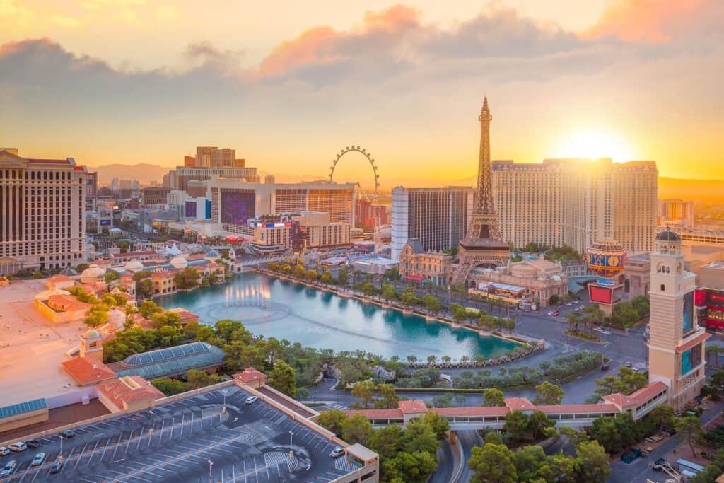 The vibrant Las Vegas skyline at sunset, showcasing the stunning November weather.