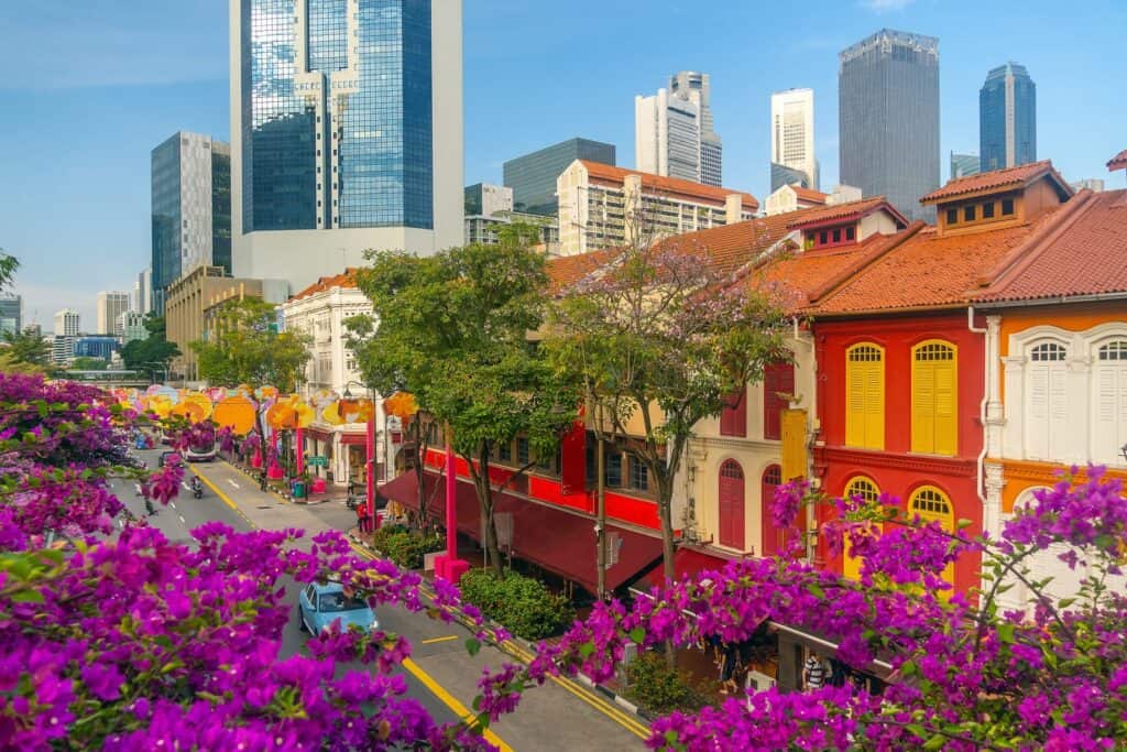 Singapore's old town is lined with colourful buildings and flowers, creating a vibrant atmosphere.