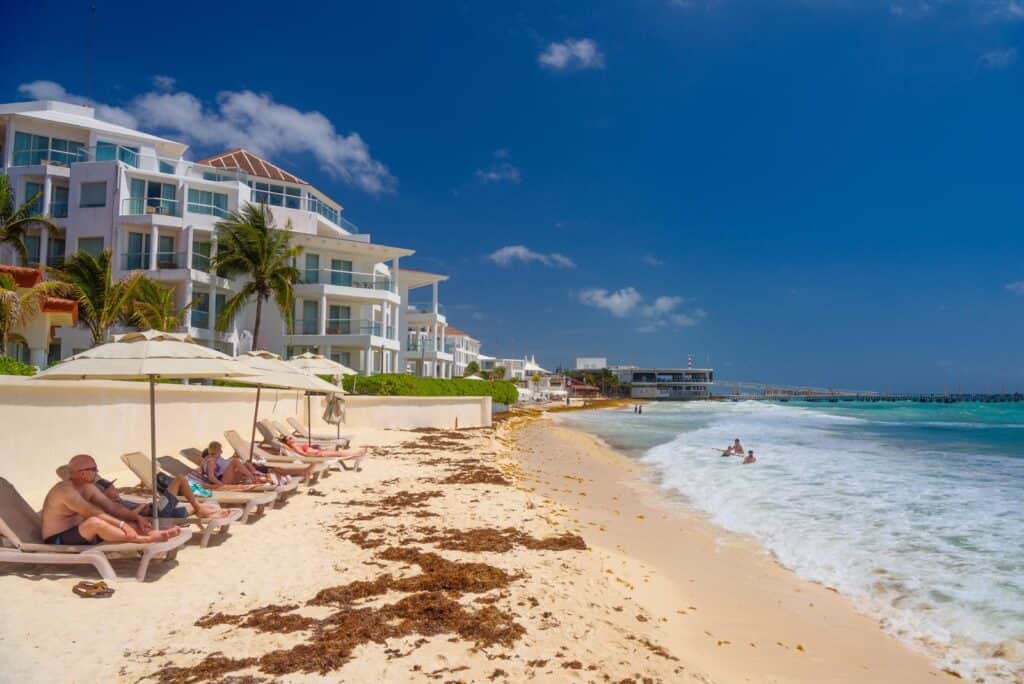 A beach with lounge chairs and umbrellas in front of a hotel.
