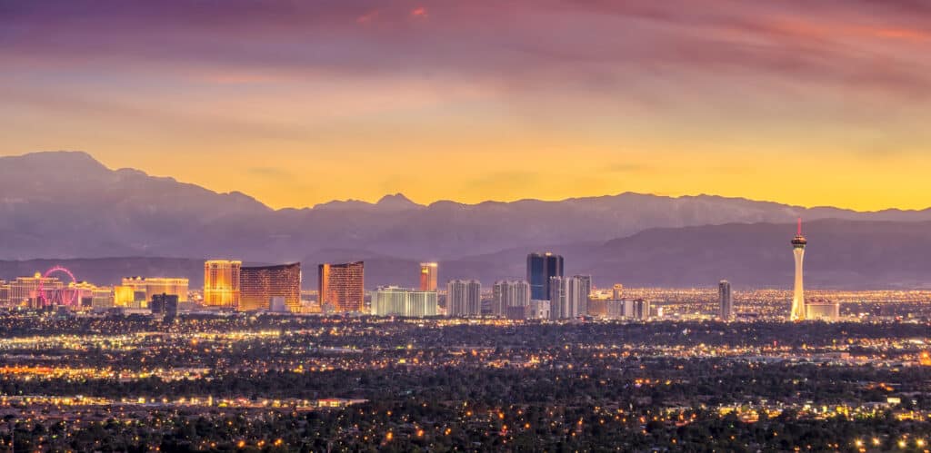 Las vegas skyline at dusk.