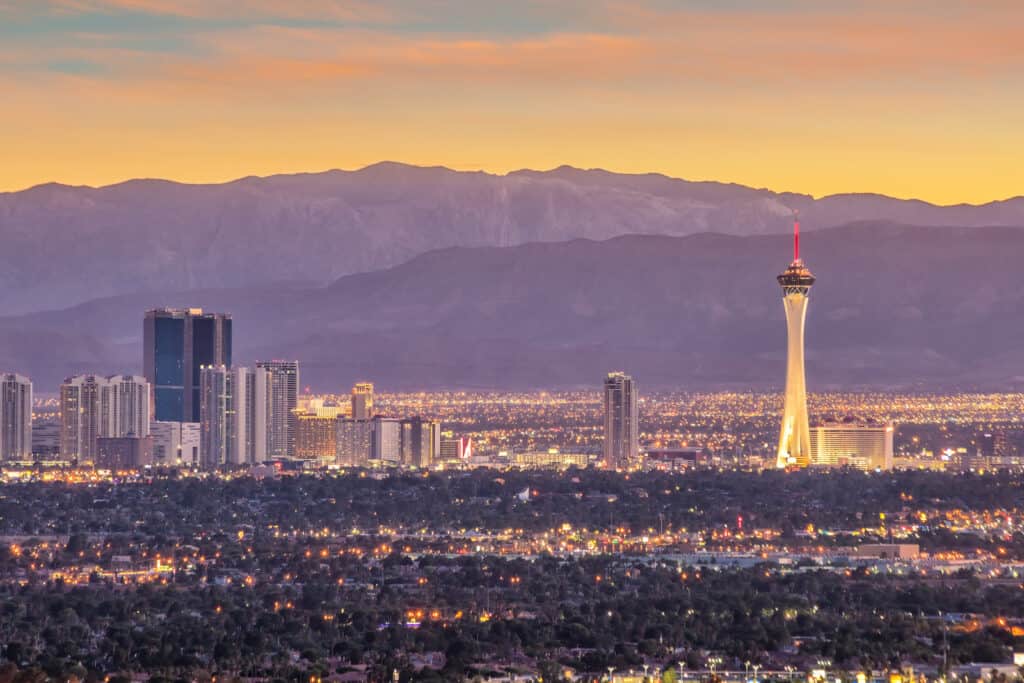 Las vegas skyline at dusk.
