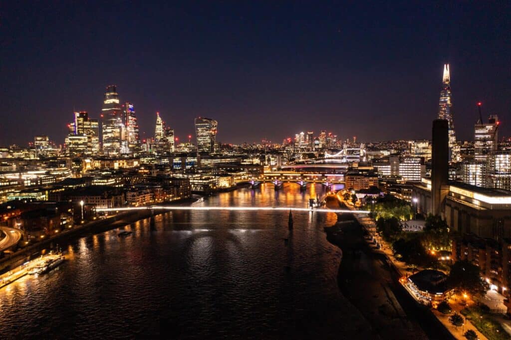 A view of the london skyline at night.