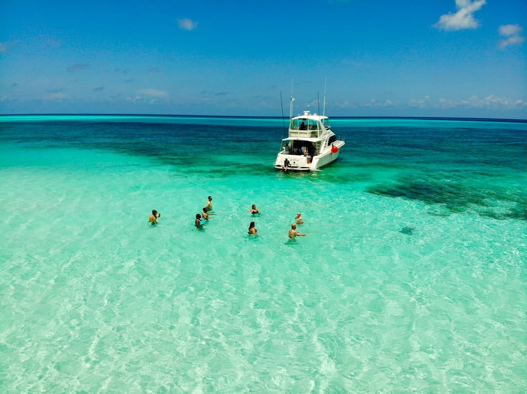A group of people are swimming in the water near a boat.