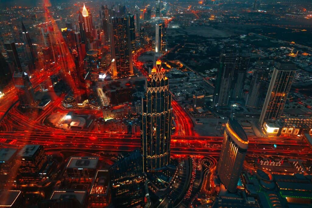 An aerial view of a city at night.